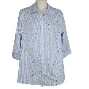 Chico's Womens Easy Cotton Pocket Tunic Dot Stripe 3/4 Sleeve Blue 4/6 No Iron